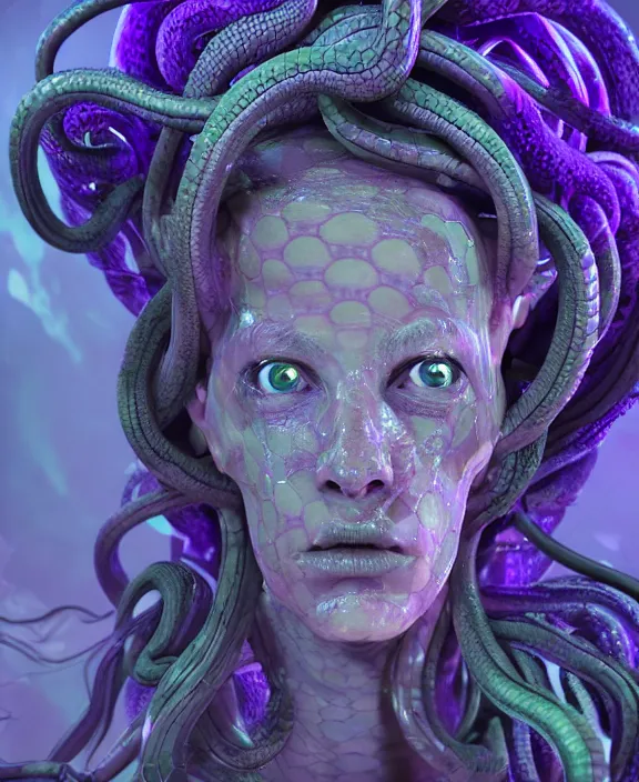 Image similar to beautiful medusa head highly detailed snakes, cosmic horror, abstract, ghostly, arcade, duotone, poltergeist, epic lighting, intricate, elegant, highly detailed, smooth, sharp focus, photo real, ultra realistic, unreal engine 5, raytracing, in the style of beeple and mike winkelmann, ultraviolet colors