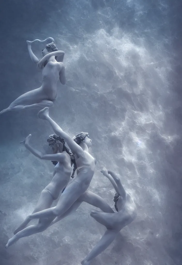 Image similar to an underwater dance between two lightning geometries. complementary colors. national geographic. 8 k, rendered in octane, smooth gradients. soft natural volumetric cinematic light. subsurface scattering. sculpture by antonio canova.