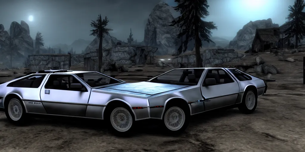 Prompt: dmc delorean in skyrim