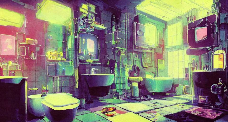 Prompt: IKEA catalogue photo of a cyberpunk bathroom, by Paul Lehr