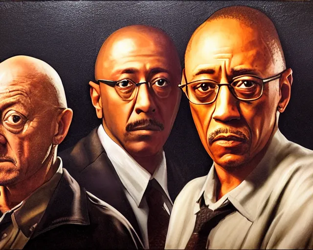 Image similar to jonathan banks as mike ehrmantraut and giancarlo esposito as gustavo fring from breaking bad, cinematic lighting, oil painting portrait