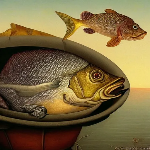 Image similar to a worried fish sitting on the top of a pile of fish, all the fish are inside a cooking pot, side view, by vladimir kush, dystopian art, rococo