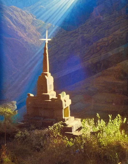 Image similar to vintage color photo of light rays shinning through a temple in Cordillera De Los Andes, 8k definition