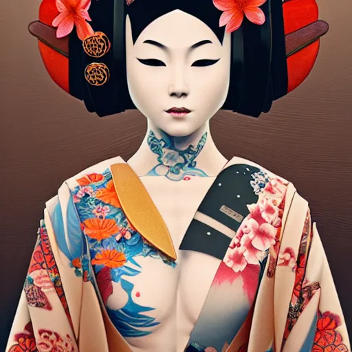 Image similar to an android geisha in a lotus position wearing a flowing kimono and tattoos, octane render, unreal engine, 8 k, cinematic, artwork by ilya kuvshinov