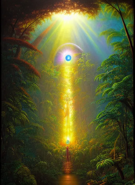 Prompt: a painting of a giant psychedelic eye in a jungle, god rays, beautiful colors, surrealism, visionary art, fractals, matte painting, by christophe vacher