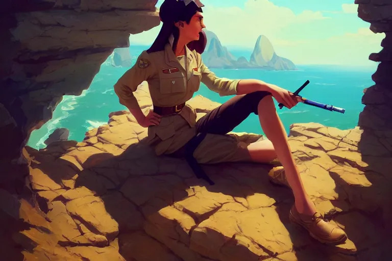 Image similar to a painting of a military woman sitting on a cliff, smoking a cigarette, a character portrait by rhads, makoto shinkai and lois van baarle, ilya kuvshinov, rossdraws global illumination and tom bagshaw, cg society, fantastic realism, intricate, detailed