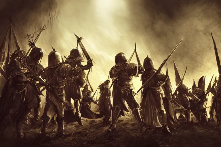 Image similar to realistic, medieval knights, soldiers, in line, pikes, hellbards, banner, flag, picture from behind, epic, digital art, illustration, fantasy, realistic sketch, dark, epic, realistic lighting