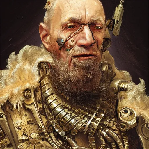 Prompt: portrait, headshot, digital painting, of a old 17th century, old cyborg merchant, amber jewels, baroque, ornate clothing, scifi, realistic, hyperdetailed, chiaroscuro, concept art, art by Franz Hals and Jon Foster