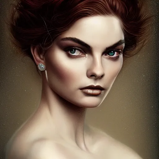 Prompt: tom bagshaw portrait, very beautiful erika eleniak in a full dress and long thin lustrous auburn hair, professionally retouched, focus eyes, ultra realistic soft painting, insanely detailed linework, symmetrical accurate intricate features, behance, 8 k