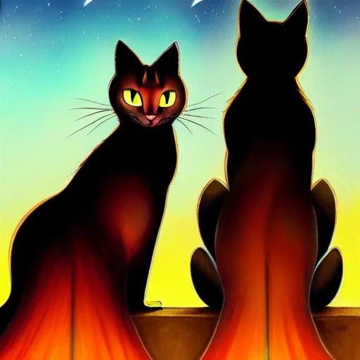 Image similar to Firestar and Ravenpaw sitting next to each other looking into the Moon, Warrior cats, Back side view, Erin Hunter, illustration of 2 cats, trending on artstation, beautiful Paintings