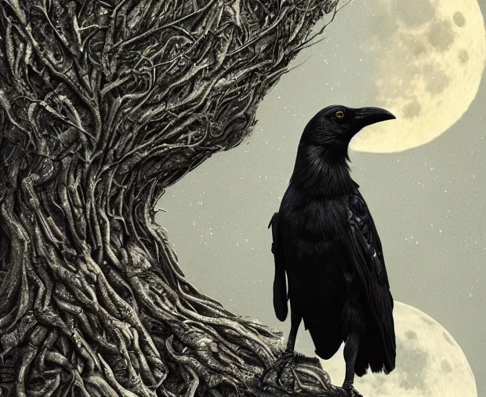 Image similar to a hyper-detailed fantasy wallpaper book cover, close-up portrait of a crow on a tree in front of the full big moon; an extraordinary masterpiece!!!; flawless; proud posture; photorealistic eyes; trending on artstation; f/1.4; 90mm