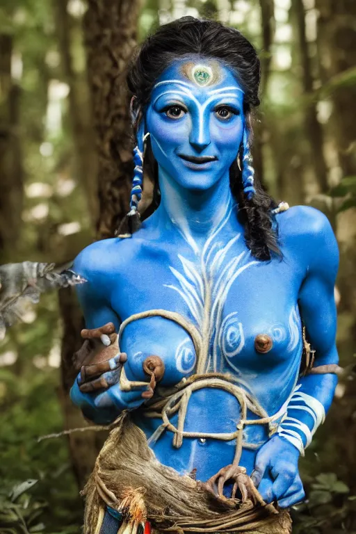 Image similar to an italian woman dressed as a blue-skinned female navi from avatar standing in a forest, blue body paint, high resolution film still, 8k, HDR colors, cosplay, outdoor lighting, high resolution photograph, photo by bruce weber