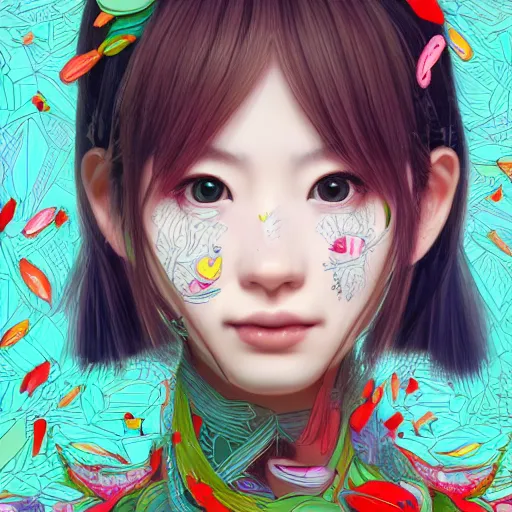 Image similar to the portrait of an unbelievably beautiful and cute japanese girl made up of peppers, an ultrafine detailed illustration by james jean, intricate linework, bright colors, final fantasy, behance contest winner, vanitas, angular, altermodern, unreal engine 5 highly rendered, global illumination, radiant light, detailed and intricate environment