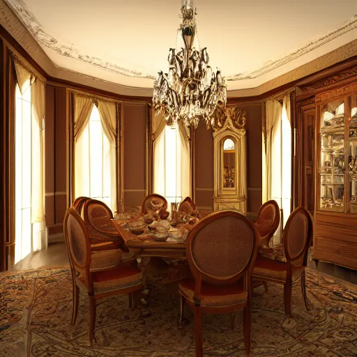 Prompt: Dining room, luxury, Victorian, artstation, hyper realistic, 8K, cool lighting, sleek, bed, cabinet furniture, large windows to forest at night