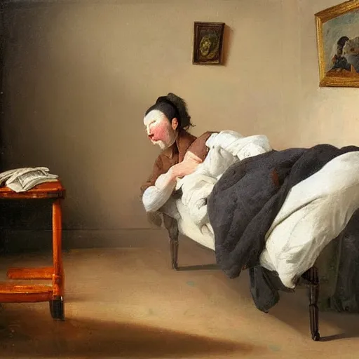 Prompt: an ai watches the last human die peacefully in bed painted in the style of Nicolaes Tulp