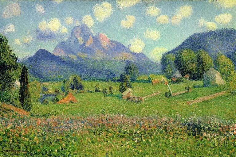 Prompt: a meadow with flowers, mountains in the background, plains, painting by Camille Pissarro