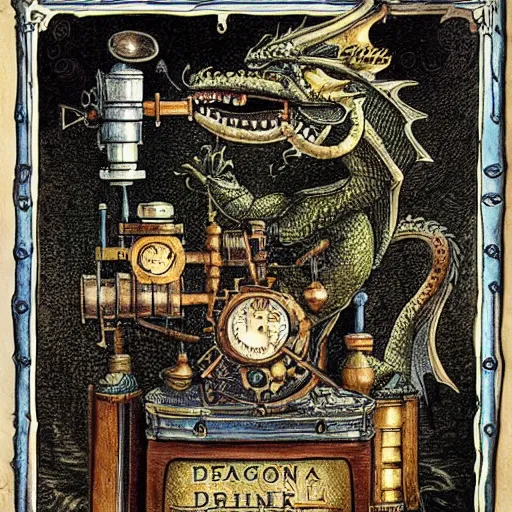 Image similar to a dragon with steam punk machine on it's side, book illustration, beatrix potter