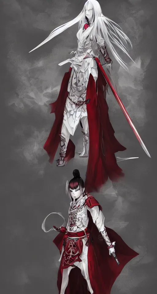 Prompt: samarai cloaked in white with swords, standing in light beam of a dark cave, ruby red sorrow, high quality, ultra detail, concept art ,artstation