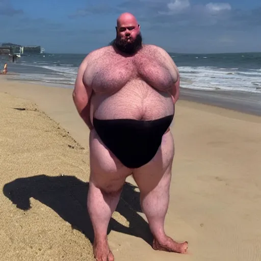 Prompt: obese ethan van sciver with a bald head and grey trimmed beard has washed up on a beach, horrified onlookers gasp