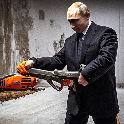 Image similar to putin with a chainsaw and a corpse. in a concrete bunker. focus on putins face with blood splatters. canon eos r 3, f / 1. 4, iso 1 6 0 0, 1 / 8 0 s, 8 k, raw, grainy