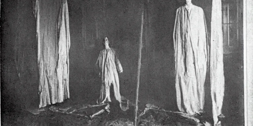 Image similar to scary unproportionable tall ghost creature inside a house, 1900s picture