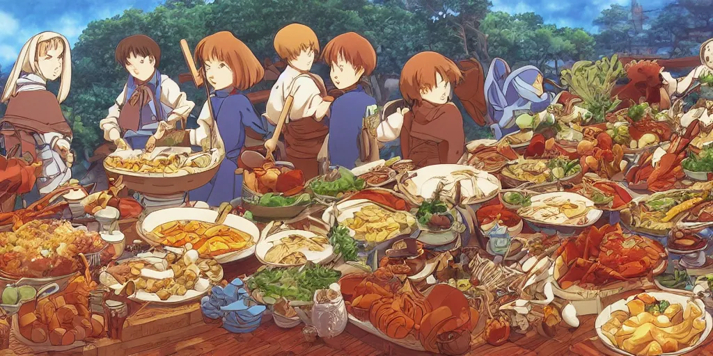 Prompt: A feast for the whole kingdom, very detailed, anime, Delicious, Plump, Juicy, Hot Food, large white border, hd, high resolution print :1 by Hayao Miyazaki, Nausicaa, studio Ghibli style, Anime wallpaper, cell shading, trending on deviant art :1