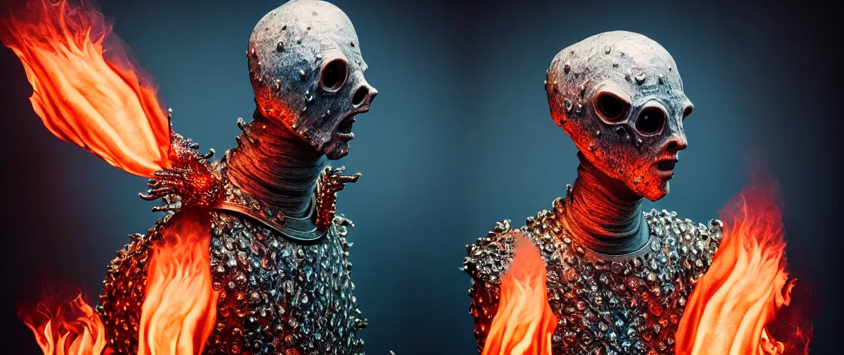 Image similar to hyperrealist highly detailed english medieval portrait of high fashion monster wearing flame fire smoke flame armor, radiating atomic neon corals, veiny network growth with ghostly ghost translucent ghost armor, concept art pascal blanche dramatic studio lighting 8k wide angle shallow depth of field
