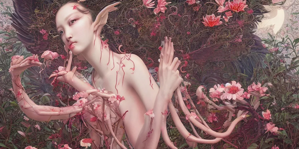 Image similar to breathtaking detailed weird concept art painting of the goddess of flamingo, orthodox saint, with anxious, piercing eyes, ornate background, epic composition, amalgamation of leaves and flowers, by Hsiao-Ron Cheng and John James Audubon and Miho Hirano, extremely moody lighting, 8K