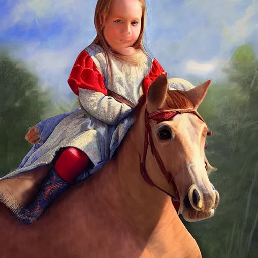 Image similar to portrait of a medieval child girl on a horse, digital art, detailed