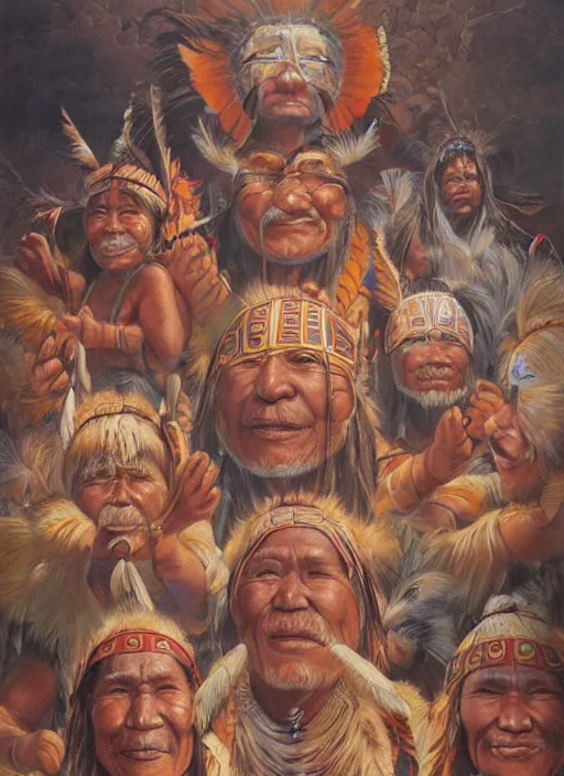 Image similar to faces of indigenous amazonian grandfathers and grandmothers spirits in the clouds, smiling, protection, benevolence, ancestors, detailed faces, religious painting, art by christophe vacher