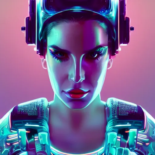 Image similar to portrait of cyborg lana del rey. intricate abstract. intricate artwork cyberpunk by tooth wu, wlop, beeple, dan mumford. octane render, trending on artstation, greg rutkowski ruan jia, cinematic lighting, hyper realism, high detail, octane render, 8 k, key art, blue and pink, iridescent accents