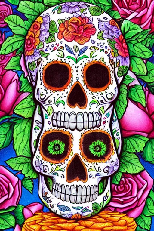 Image similar to illustration of a sugar skull day of the dead girl, art by todd schorr