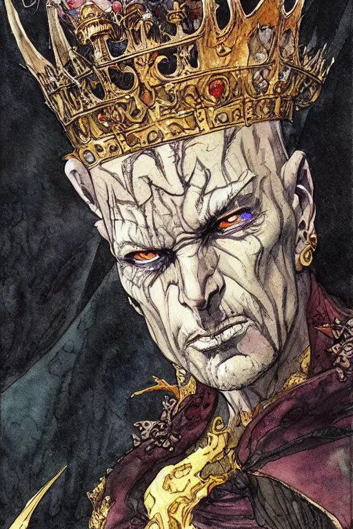 Prompt: a realistic and atmospheric watercolour fantasy character concept art portrait of an evil king with a black crown looking at the camera with an intense gaze by rebecca guay, michael kaluta, charles vess and jean moebius giraud