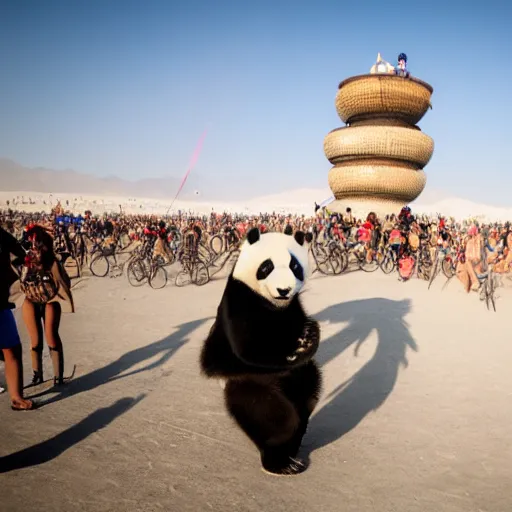 Image similar to a panda dancing on a busy playa at burning man