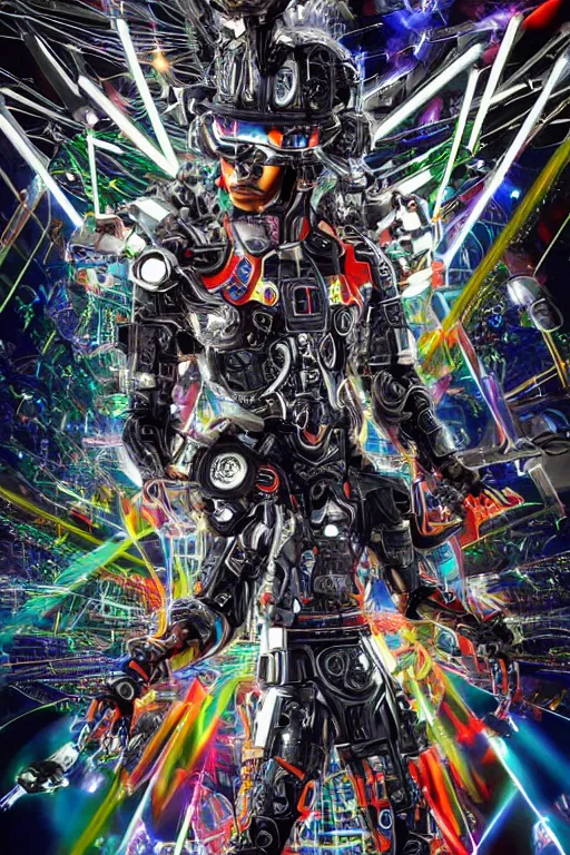 Image similar to full-body cyberpunk style chrome sculpture of a young handsome Latino prince as a half android with a chest opening exposing circuitry and electric sparks, glowing laser beam eyes, crown of giant diamonds, flowing neon-colored silk, fabric, raptors. baroque elements. full-length view. baroque element. intricate artwork by caravaggio. many many birds birds on background. Trending on artstation, octane render, cinematic lighting from the right, hyper realism, octane render, 8k, depth of field, 3D