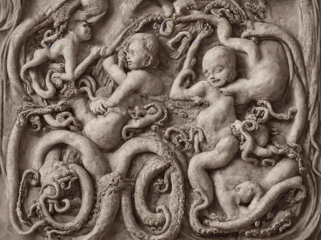 Prompt: twin embryos and octopus with machine gun bas-relief, baroque, highly detailed