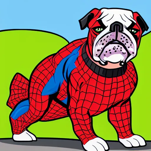 Image similar to an english bulldog dressed as spiderman, comic illustration