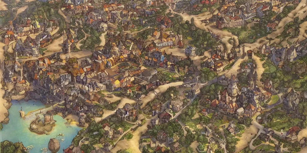 Image similar to medieval village overview in moving out game on nintendo switch. artwork by artgerm and mucha and norman lindsay