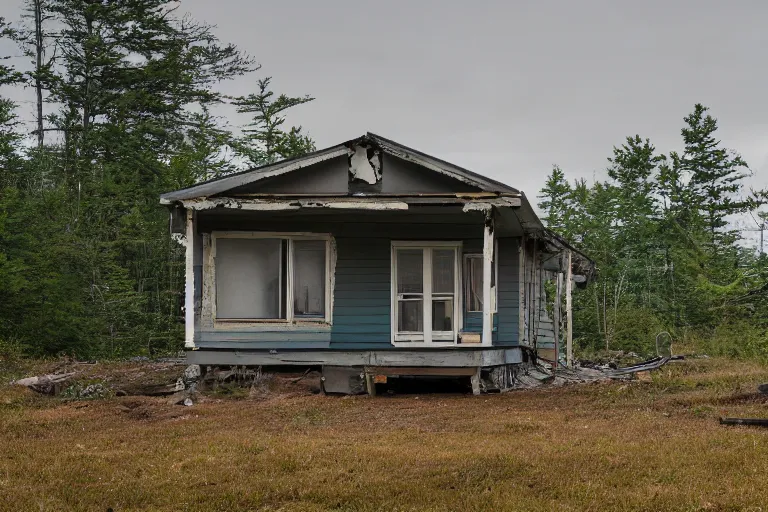 Prompt: a solitary 1 9 6 0 s bungalow style cottage [ heavily damaged with age ] on raven lake, near the outskirts of halifax, ns. hd photography, realistic, inspired by gregory crewdson.