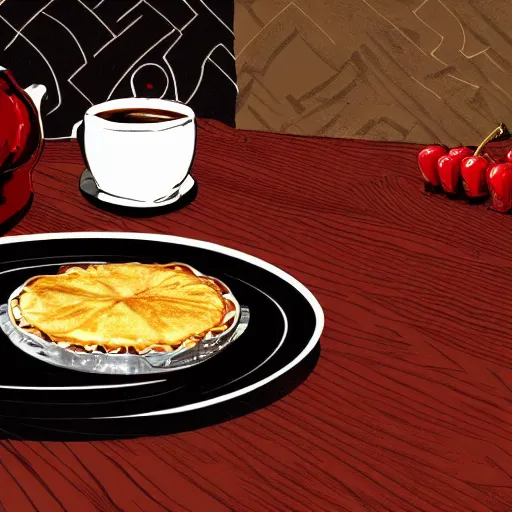 Prompt: detailed artstation style, symbolic style, surrealist style, a black coffee and a cherry pie on a table in a twin peaks cafe