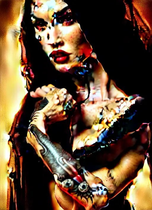 Image similar to megan fox witch queen, black eyes, blood, full body, intricate victorian dress, middle shot, cinematic lighting, studio quality, symmetrical eyes, caravaggio, artgerm, joshua middleton, rafael albuquerque, moody lighting, candles