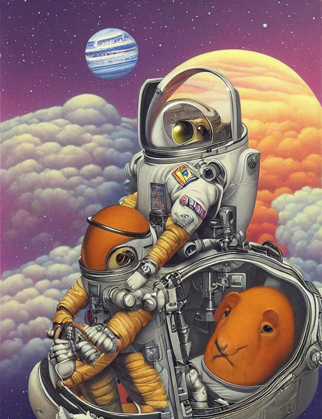 Image similar to beautiful detailed painting of a capybara astronaut in a spacesuit floating above earth by casey weldon by mark ryden by thomas blackshear