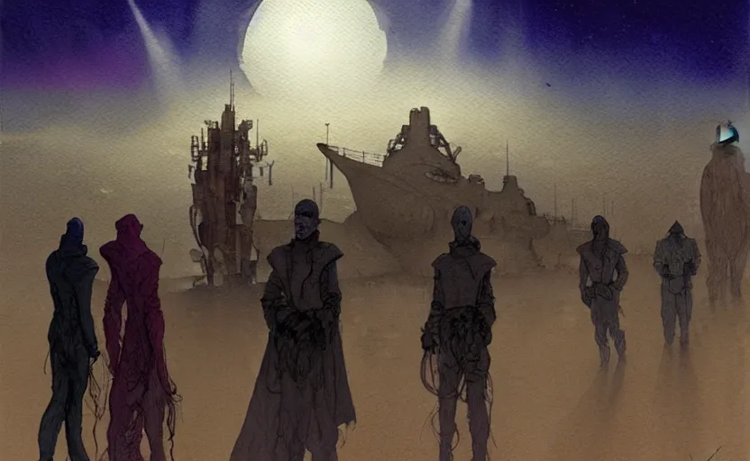 Image similar to a hyperrealist watercolour character concept art portrait of a tall elegant lovecraftian alien on a misty night in the desert. a small group of middle eastern men are watching from the foreground. a battlecruiser starship is in the background. by rebecca guay, michael kaluta, charles vess and jean moebius giraud