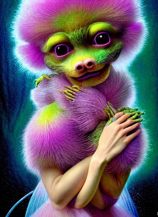 Image similar to hyper detailed 3d render like a Oil painting - kawaii portrait Aurora (a skeksi from dark crystal) seen Eating of the Strangling network of yellowcake aerochrome and milky Fruit and His delicate Hands hold of gossamer polyp blossoms bring iridescent fungal flowers whose spores black the foolish stars by Jacek Yerka, Ilya Kuvshinov, Mariusz Lewandowski, Houdini algorithmic generative render, Abstract brush strokes, Masterpiece, Edward Hopper and James Gilleard, Zdzislaw Beksinski, Mark Ryden, Wolfgang Lettl, hints of Yayoi Kasuma, octane render, 8k