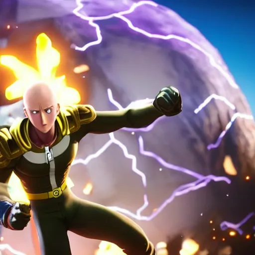 Image similar to one punch man in fortnite, character render, full body shot, highly detailed, in game render