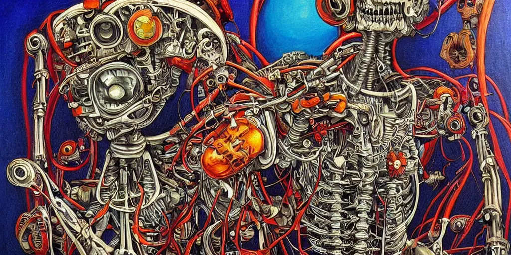 Image similar to a beautiful painting of robot by aaron horkey, trending on artstation, skeleton, colorful, westworld