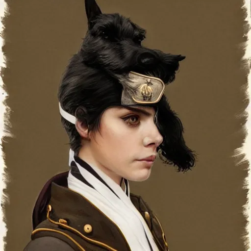 Image similar to portrait of stoic looking miniature schnauzer, military uniform, black fir, white eyebrows, fantasy, intricate, elegant, highly detailed, autumn color, rustic, centered, dark, smokey, charcoal painting, digital painting, artstation, concept art, smooth, sharp focus, illustration, art by artgerm and greg rutkowski and alphonse mucha