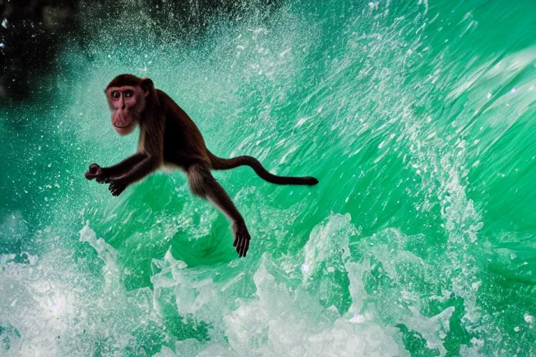 Image similar to monkey surfing on a green sea wave, comicbook, natural lighting, wide angle lens, baby blue color, dof