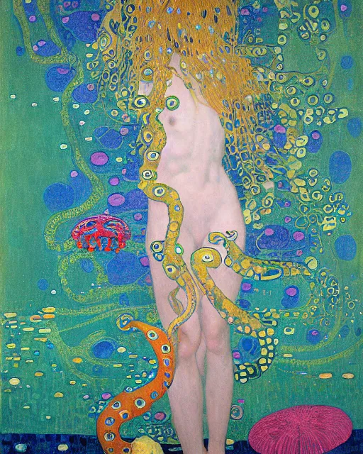 Image similar to a beautiful girl underwater wearing a colourful octopus as a dress and surrounded by colourful jellyfish, painted by gustave klimt, edgar maxence, edward hopper, wayne barlowe, james gilleard and james jean