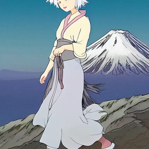 Prompt: a beautiful silver hair young woman walking up Mount Fuji in the style of studio ghibli